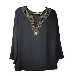 Indulgence Semi-sheer Long Bell Sleeve Black Tunic Blouse Size XL